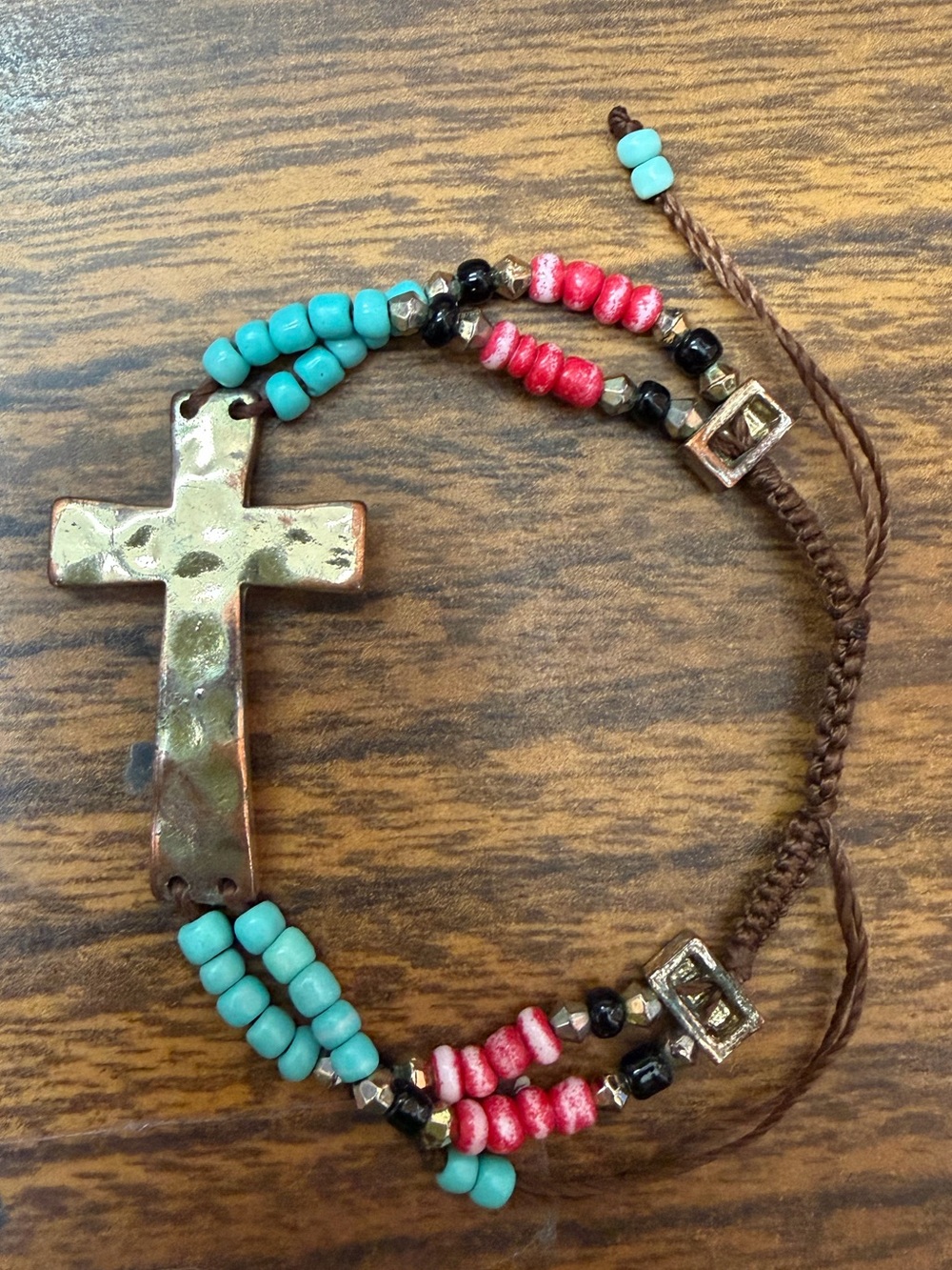 Turquoise & Red Beaded Cross Bracelet - Boho Adjustable Women’s Bracelet